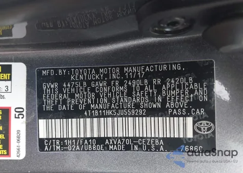 2018 Toyota Camry L z USA, uszkodzony, nr VIN 4T1B11HK5JU559292